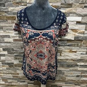Lucky Brand Navy and Red Patterned Short Sleeve Top